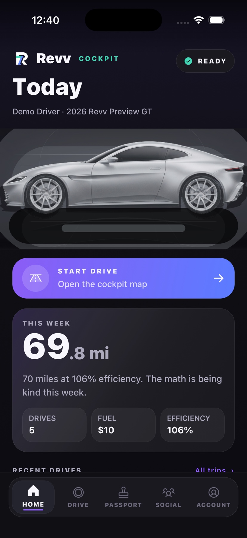 Revv home screen showing the garage cockpit and weekly drive summary