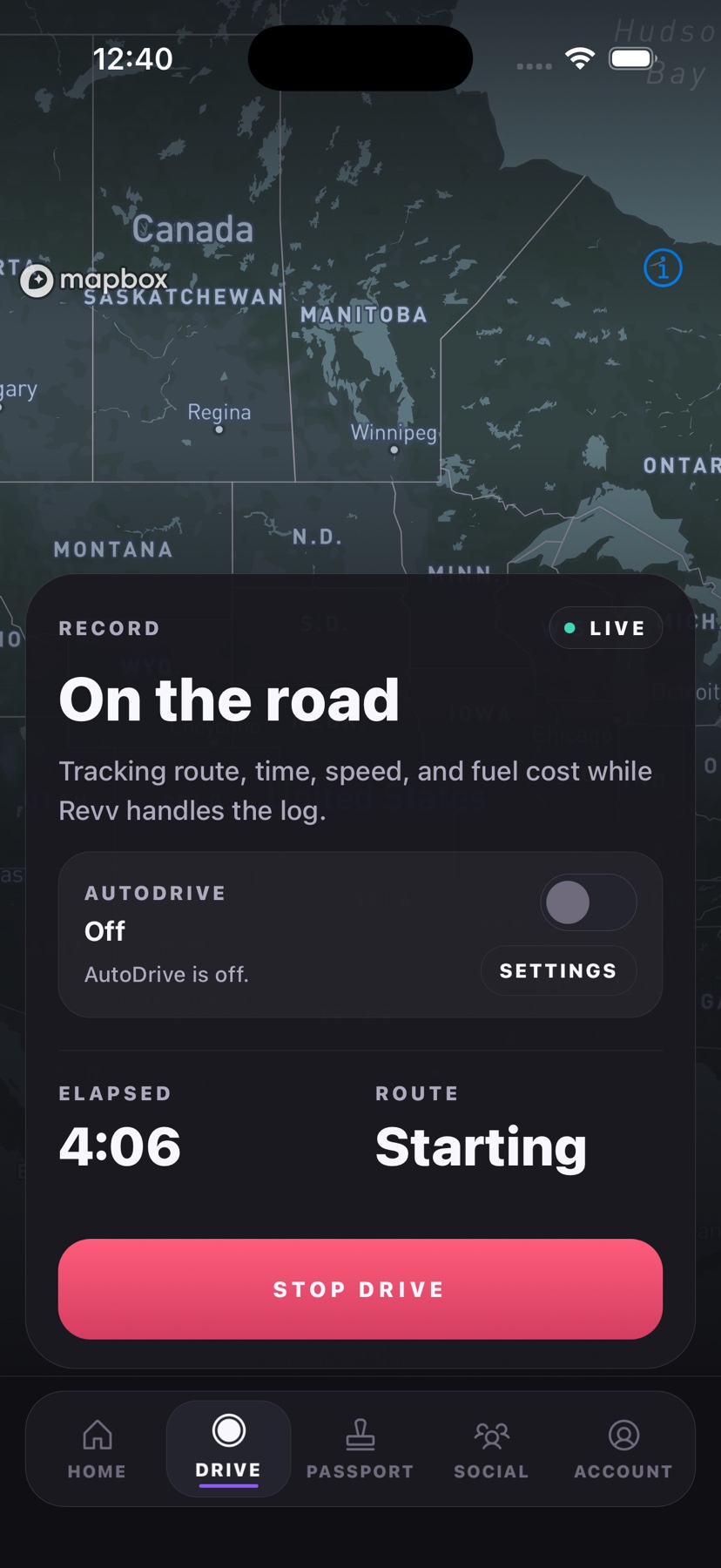 Revv record screen showing the live driving map