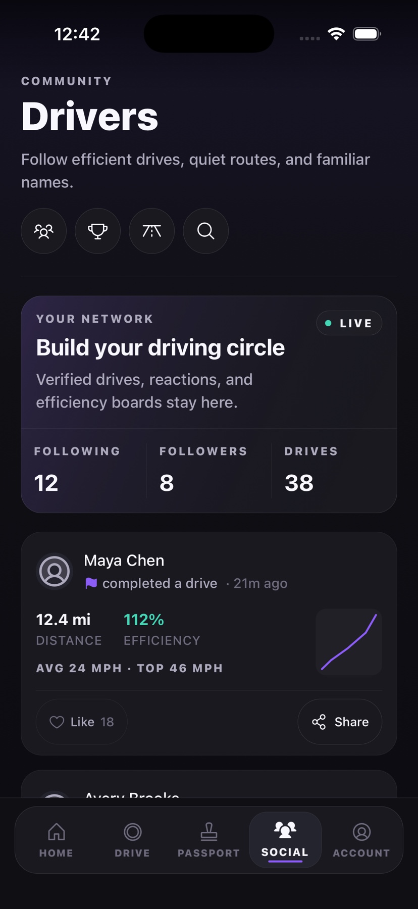 Revv social driver screen